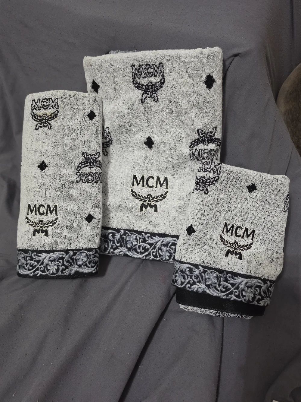 MCM Logo Embroidered Towel Set in Grey and Black